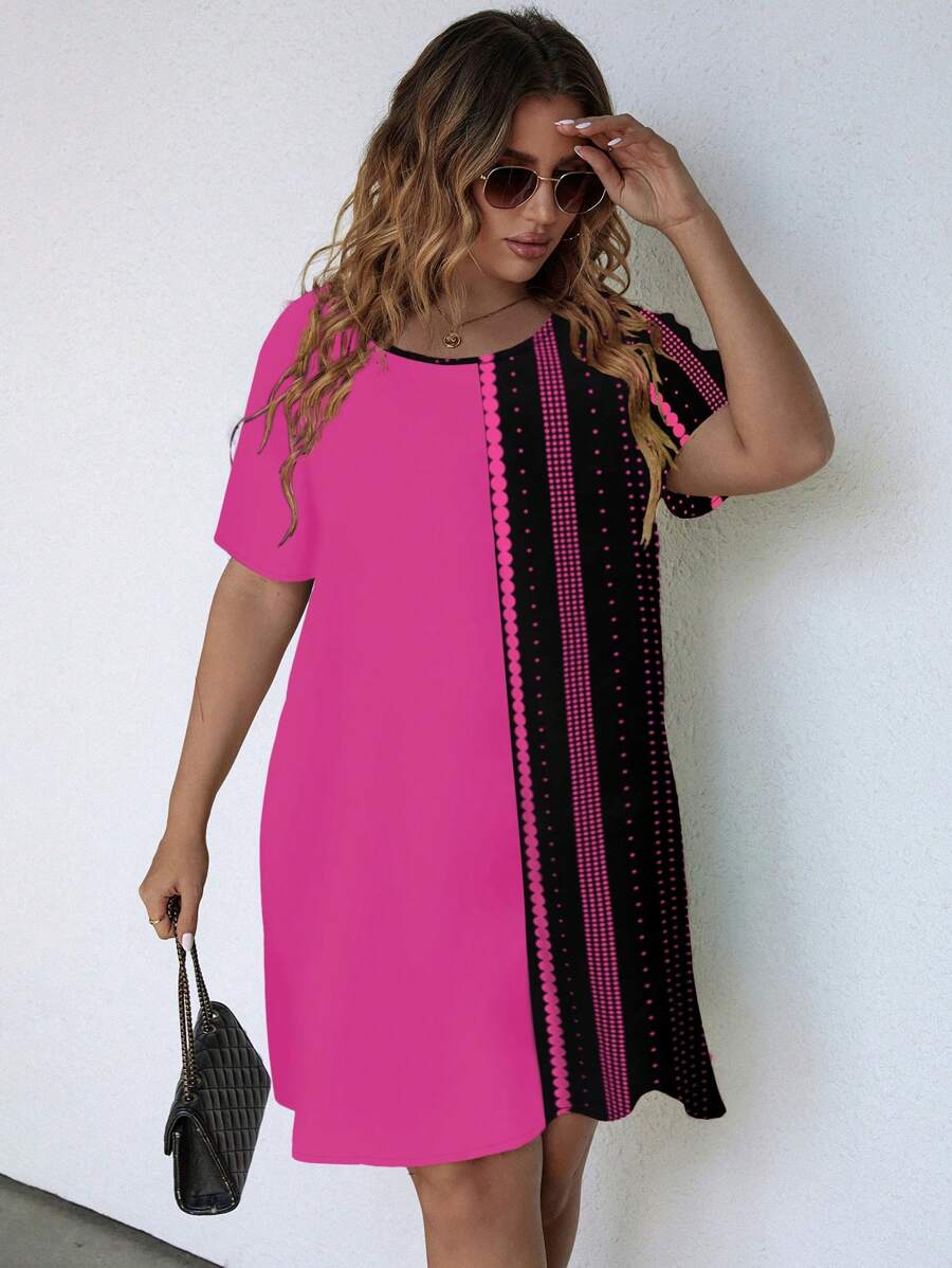 SHEIN LUNE 大碼波點圖案洋裝 - 玫紅色 - 查看 1