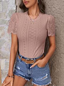 SHEIN LUNE Eyelet Embroidery Puff Sleeve Tee - Dusty Pink - View 3