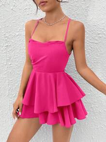 SHEIN PETITE Lace Up Backless Tiered Layer Solid Cami Romper - Hot Pink - View 7