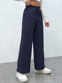 SHEIN PETITE Drawstring Waist Wide Leg Sweatpants - Navy Blue - View 3