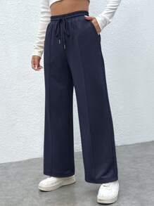 SHEIN PETITE Drawstring Waist Wide Leg Sweatpants - Navy Blue - View 4