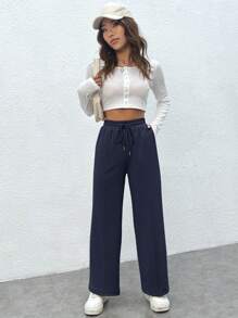 SHEIN PETITE Drawstring Waist Wide Leg Sweatpants - Navy Blue - View 5