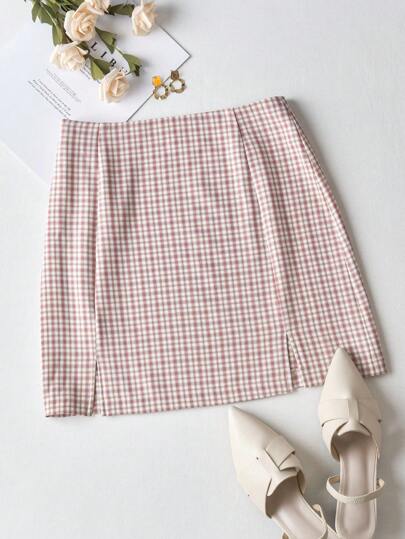 Plus Split Hem Plaid Skirt