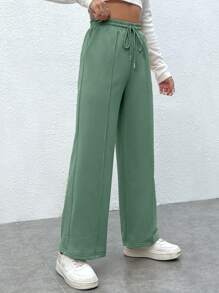 SHEIN PETITE Drawstring Waist Seam Front Joggers - Mint Green - View 3