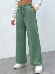 SHEIN PETITE Drawstring Waist Seam Front Joggers - Mint Green - View 4