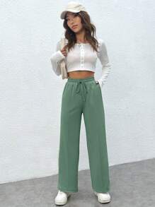 SHEIN PETITE Drawstring Waist Seam Front Joggers - Mint Green - View 5