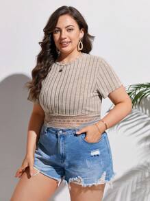 SHEIN Frenchy Áo thun Plus size Tương phản ren Gân đan màu trơn Giải trí - Màu be - Xem 5