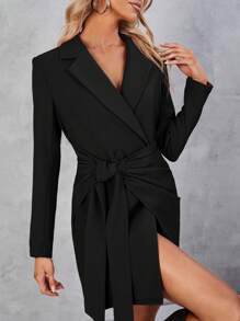 SHEIN Clasi 西裝領側打結圍裹西裝連衣裙 - 黑色 - 查看 4