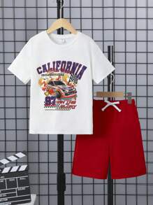 SHEIN Bộ hai mảnh áo phông in hình Rapid-racer & quần short ống rộng dây rút phong cách đường phố cho bé trai - Nhiều màu - Xem 1