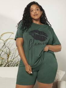 SHEIN CURVE+ Bộ Giản Dị Kích Thước Lớn Con số Lá thư Giản dị-Bình thường - Màu xanh lá cây đậm - Xem 1