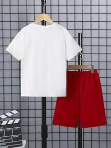 SHEIN Bộ hai mảnh áo phông in hình Rapid-racer & quần short ống rộng dây rút phong cách đường phố cho bé trai - Nhiều màu - Xem 2