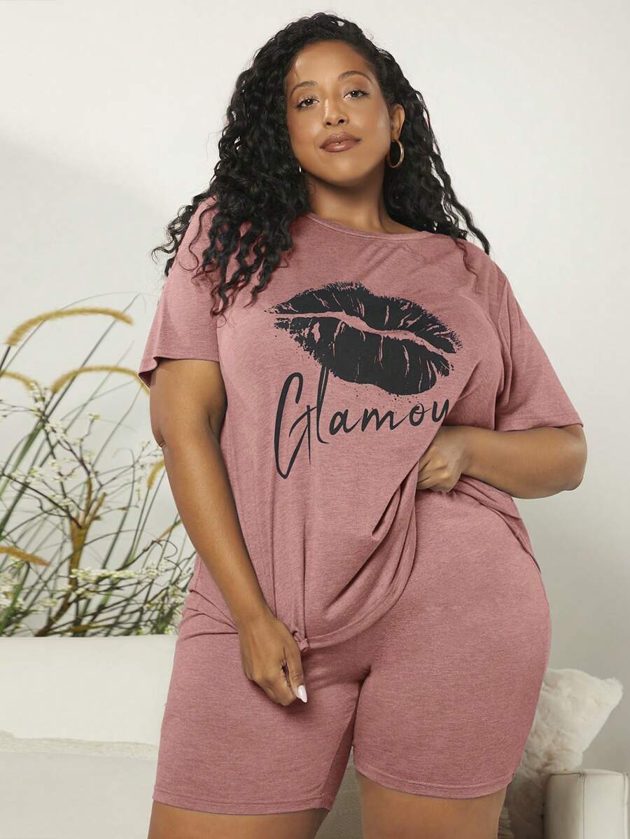 SHEIN CURVE+ 大碼嘴唇和字母圖案睡衣套裝 - 藕粉色 - 查看 1