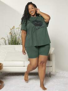 SHEIN CURVE+ Bộ Giản Dị Kích Thước Lớn Con số Lá thư Giản dị-Bình thường - Màu xanh lá cây đậm - Xem 6