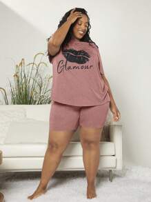 SHEIN CURVE+ 大碼嘴唇和字母圖案睡衣套裝 - 藕粉色 - 查看 6