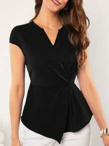 SHEIN LUNE Áo kiểu cổ chữ V, vạt trước xoắn bất đối xứng, phong cách thường ngày. - màu đen - Xem 3