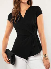 SHEIN LUNE Áo kiểu cổ chữ V, vạt trước xoắn bất đối xứng, phong cách thường ngày. - màu đen - Xem 6