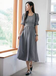 DAZY Chất rắn Ống tay áo Váy chữ A - Màu xám đen - Xem 7