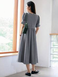 DAZY Chất rắn Ống tay áo Váy chữ A - Màu xám đen - Xem 2