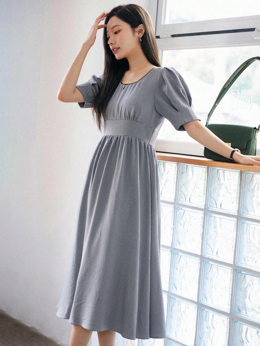 DAZY Chất rắn Ống tay áo Váy chữ A - Màu xám đen - Xem 1