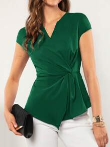 SHEIN LUNE Blusa asimétrica con detalle de nudo en el frente, informal - Verde Oscuro - Ver 4