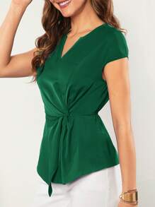 SHEIN LUNE Blusa asimétrica con detalle de nudo en el frente, informal - Verde Oscuro - Ver 6