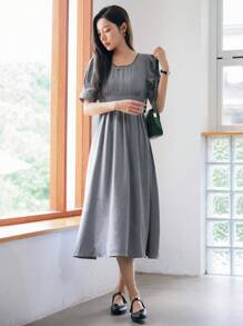 DAZY Chất rắn Ống tay áo Váy chữ A - Màu xám đen - Xem 5