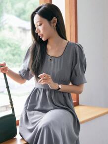 DAZY Chất rắn Ống tay áo Váy chữ A - Màu xám đen - Xem 6