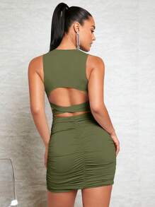 SHEIN BAE Cut Out Back Ruched Bodycon Dress - Army Green - View 2