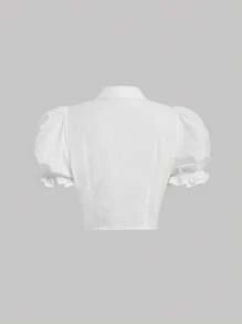 SHEIN MOD Puff Sleeve Button Front Shirt With Tie - White - View 2