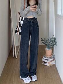 素色高腰直筒牛仔褲