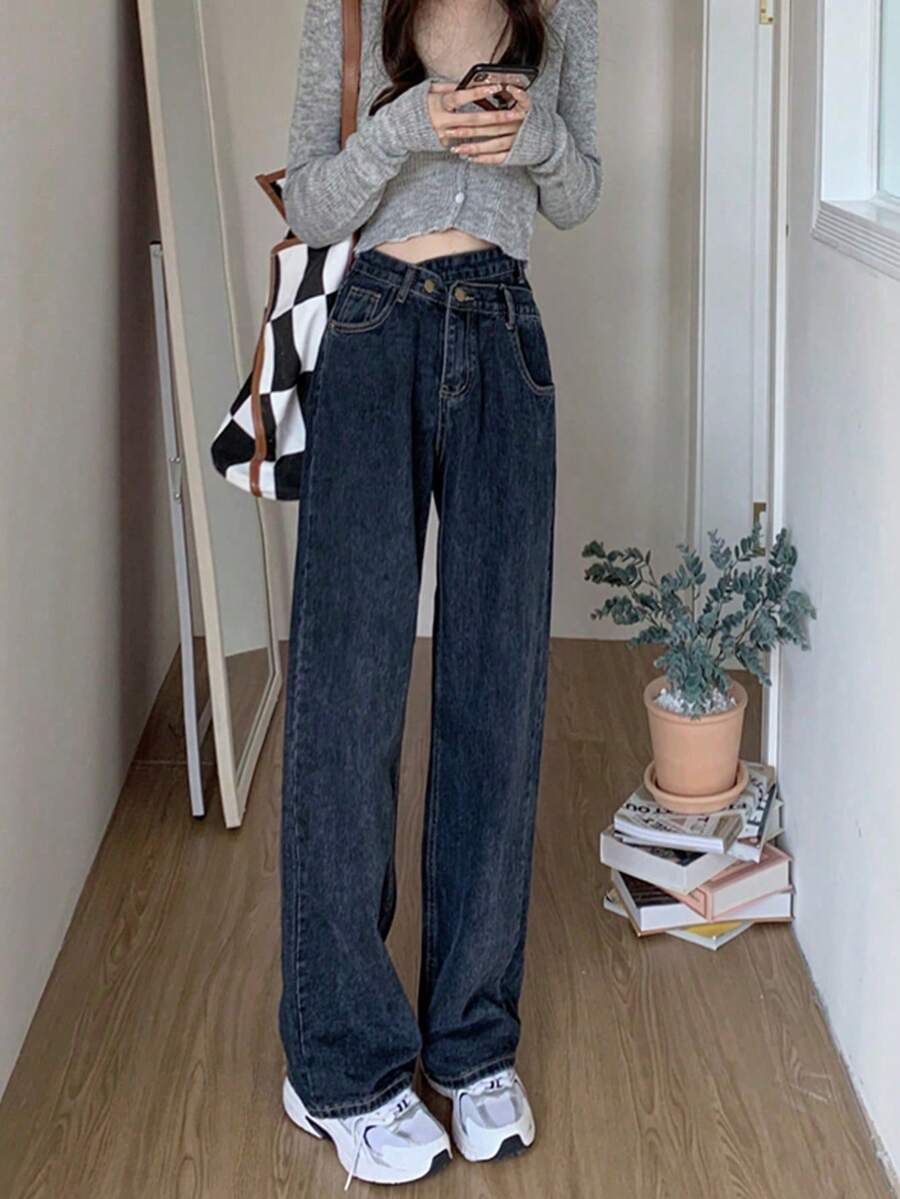 素色高腰直筒牛仔褲