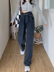 素色高腰直筒牛仔褲