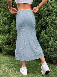 SHEIN MOD Váy nữ Xù nhỏ Họa tiết hoa Boho - Màu xanh nhạt - Xem 2