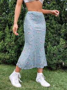 SHEIN MOD Váy nữ Xù nhỏ Họa tiết hoa Boho - Màu xanh nhạt - Xem 4