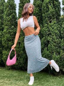 SHEIN MOD Váy nữ Xù nhỏ Họa tiết hoa Boho - Màu xanh nhạt - Xem 5