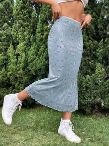 SHEIN MOD Váy nữ Xù nhỏ Họa tiết hoa Boho - Màu xanh nhạt - Xem 6