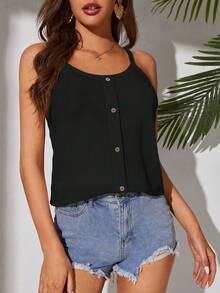 SHEIN Tall Áo khoác và áo lót dành cho xe tăng nữ Nút phía trước màu trơn Giải trí - màu đen - Xem 4