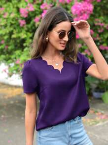 SHEIN LUNE 貝殼邊泡泡袖襯衫 - 紫羅蘭色 - 查看 4