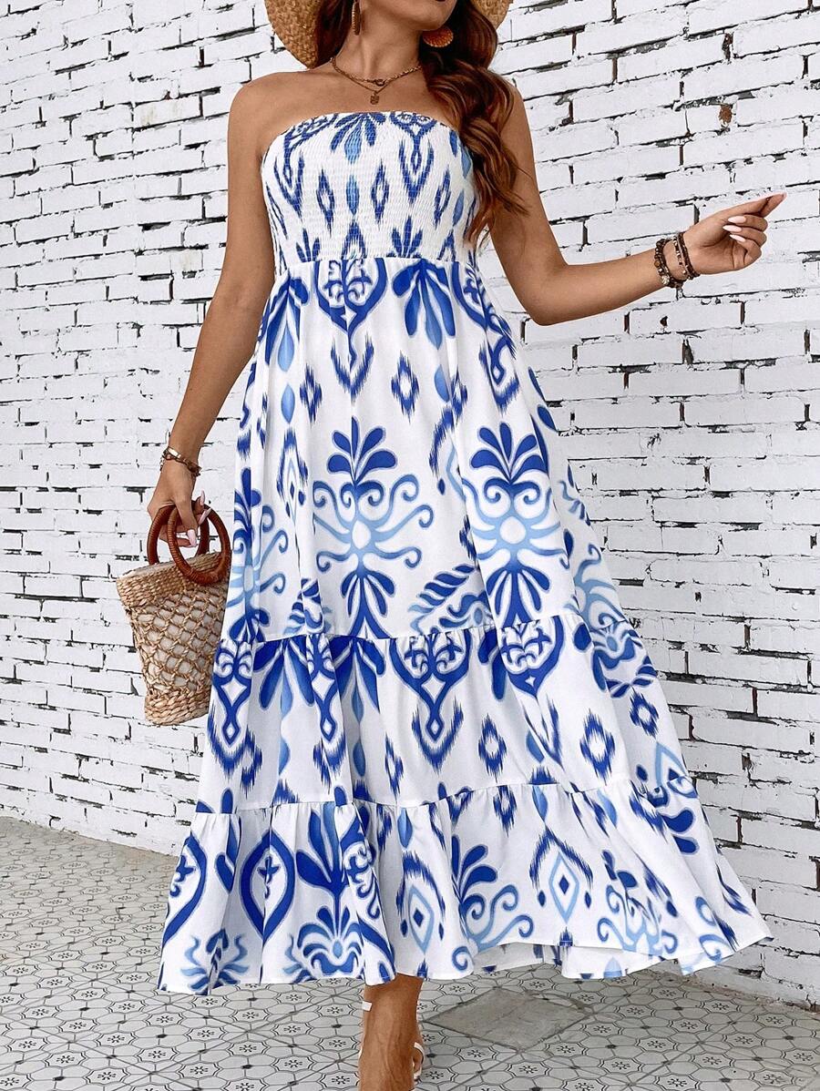 Calvaya Vestido tubo con estampado bajo con fruncido - Azul y blanco - Ver 1