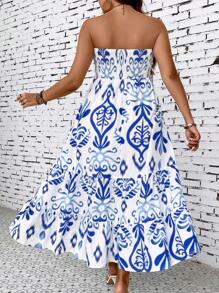 Calvaya Vestido tubo con estampado bajo con fruncido - Azul y blanco - Ver 2