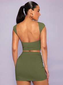 SHEIN BAE Bộ đồ hai mảnh nữ Xù màu trơn Gợi cảm - xanh quân đội - Xem 2