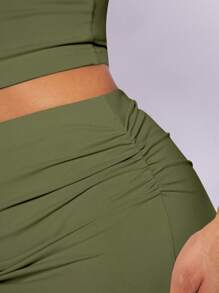 SHEIN BAE Bộ đồ hai mảnh nữ Xù màu trơn Gợi cảm - xanh quân đội - Xem 3