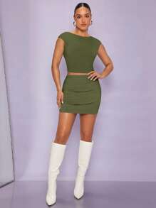 SHEIN BAE Bộ đồ hai mảnh nữ Xù màu trơn Gợi cảm - xanh quân đội - Xem 4