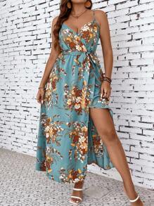 SHEIN Clasi 大碼印花高衩腰帶吊帶洋裝 - 彩色 - 查看 2