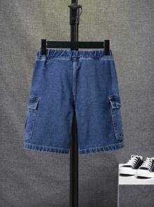 SHEIN Bé Trai Quần Shorts Denim Dây kéo Túi màu trơn - Rửa trung bình - Xem 2
