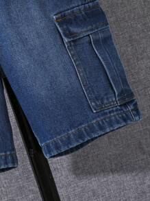 SHEIN Bé Trai Quần Shorts Denim Dây kéo Túi màu trơn - Rửa trung bình - Xem 3