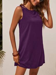 SHEIN LUNE 素色綁帶細節背心洋裝 - 紫色 - 查看 5