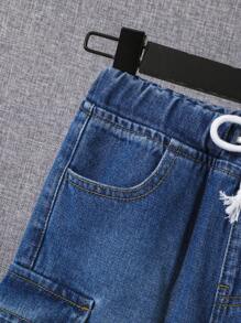 SHEIN Bé Trai Quần Shorts Denim Dây kéo Túi màu trơn - Rửa trung bình - Xem 4