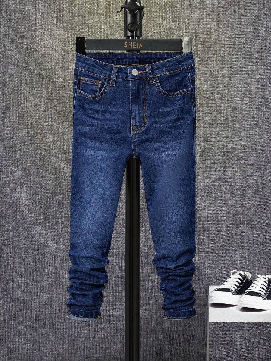 SHEIN Tween Boy Cat Whisker Washed Jeans - Dark Wash - View 1