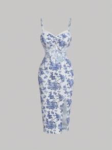 SHEIN MOD Floral Print Split Thigh Cami Dress - Blue and White - View 1